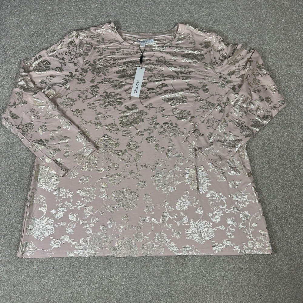Chico's women Touch of Cool Foiled Floral Tee Rose Knit‎ Long sleeve Shirt XXL
